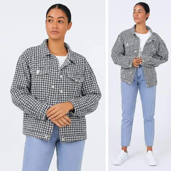 NWT Princess Polly Michael Jacket Oversized Houndstooth Denim Jacket Boyfriend - Picture 1 of 9
